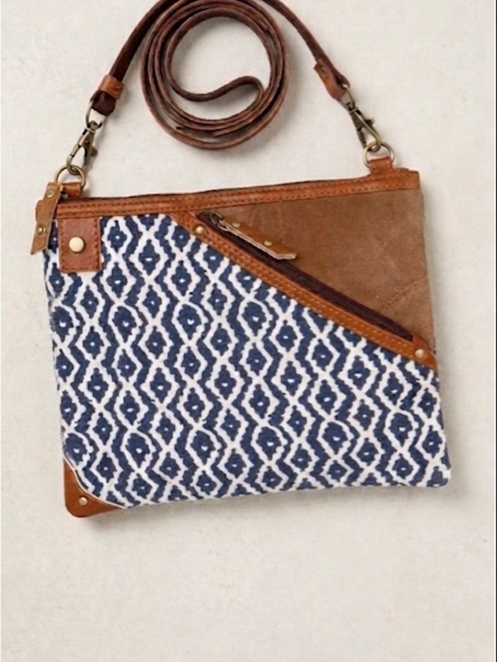 Vaan & Co Upcycled Leather & Canvas Crossbody Handbag Purse Blue Brown Small Bag
